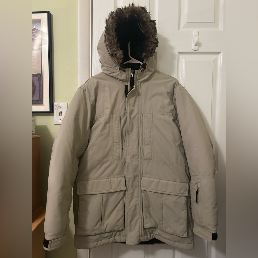 Eddie Bauer Mens WeatherEdge Faux Fur Hooded Goose Down Beige Coat